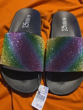 Rhinestone Rainbow Slide Sandals - Black Base